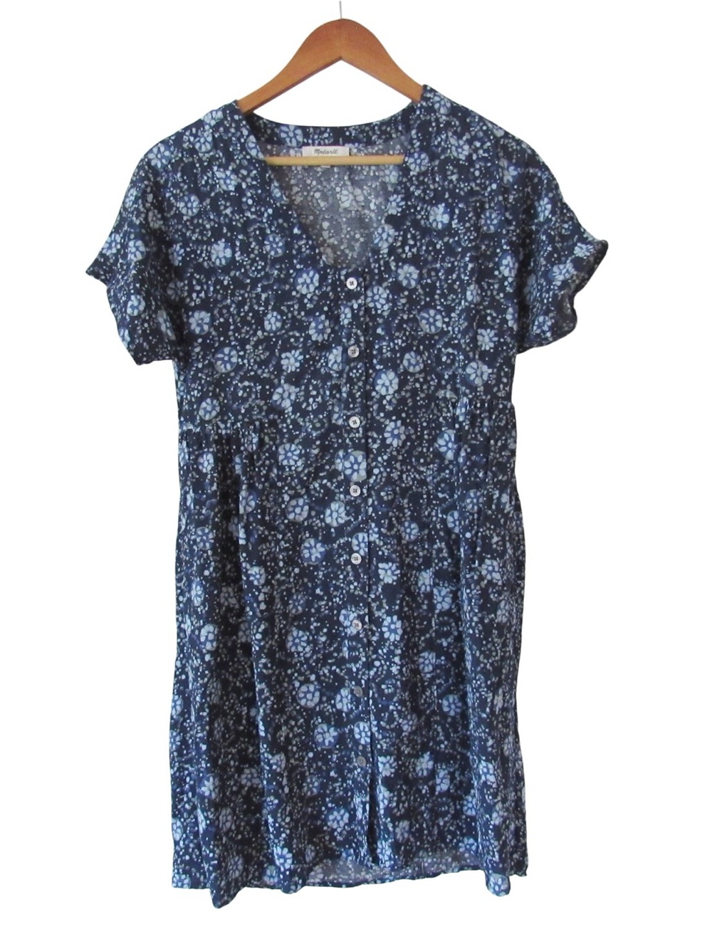 Madewell Button Front V-Neck Mini Dress Blue Floral XS Short Sleeves Pockets